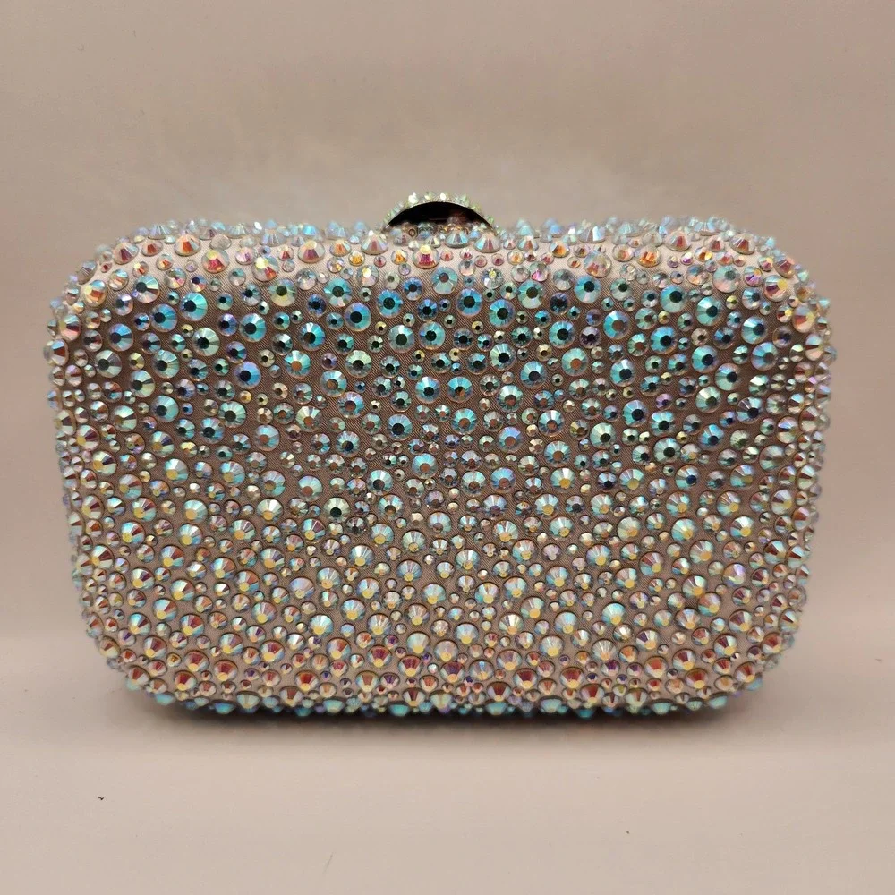 New Olga Berg Casey Iridescent Crystal Hardcase Clutch Shimmering Fancy Purse B